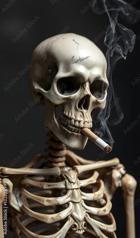 Skeleton with a cigarette in its mouth. The idea of quitting smoking and World No Tobacco Day. International Lung Cancer Day. Anti-smoking campaign Skeleton with a cigarette in its mouth. The idea of quitting smoking and World No Tobacco Day. International Lung Cancer Day. Anti-smoking campaign