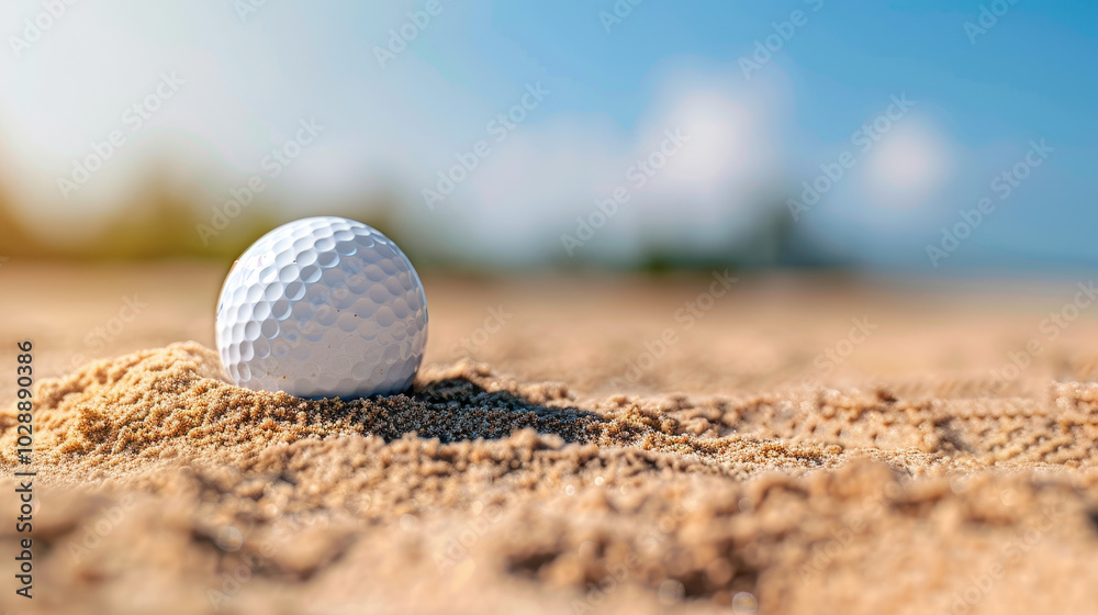 close up of golf ball resting in sand bunker, surrounded by fine grains of sand, captures essence of game. background features blurred landscape, enhancing focus on ball close up of golf ball resting in sand bunker, surrounded by fine grains of sand, captures essence of game. background features blurred landscape, enhancing focus on ball