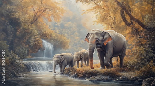 The elephant and baby elephants living in the wild, with the rivers and streams as the backdrop. Generative AI Illustration.