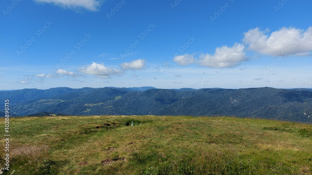 Beautiful panorama view of mid-high green mountains in Vosges, France. Beautiful panorama view of mid-high green mountains in Vosges, France.