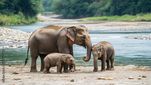 The elephant and baby elephants living in the wild, with the rivers and streams as the backdrop. Generative AI Illustration. photo