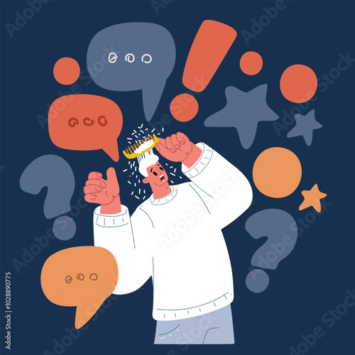 Cartoon vector illustration of a man losing hair while brushing, looking shocked, symbolizing the stress of balding and hair loss