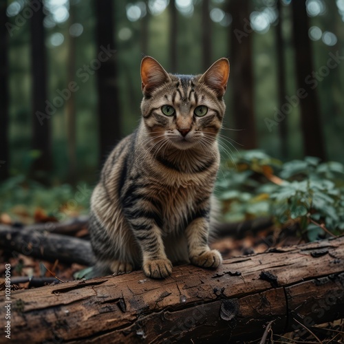 Wallpaper Mural A tabby cat sits on a log in a forest, looking directly at the camera. Torontodigital.ca