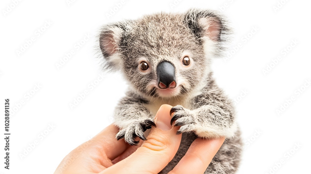 Fototapeta premium Cute Miniature Koala Baby in Palm and Fingertip, Photo Realistic, Texture, Pattern Background, Wallpaper, Cover and Screen for Smartphone, PC, Laptop, 9:16 and 16:9 Format