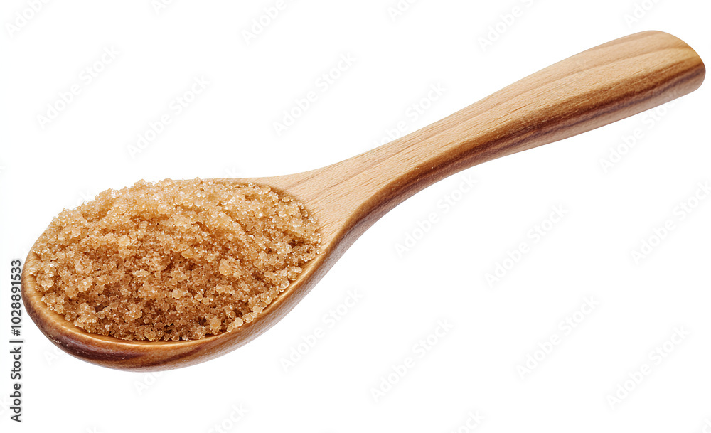 A close-up of brown sugar in a wooden spoon isolated on a white background. A close-up of brown sugar in a wooden spoon isolated on a white background.
