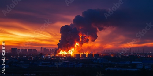 A dramatic view of an industrial fire under a colorful sunset. The flames and smoke create a striking contrast against the vibrant sky. This image captures the intensity of disaster. AI