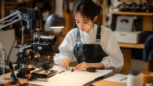 Woman Working on a Design Project with Tools and Materials