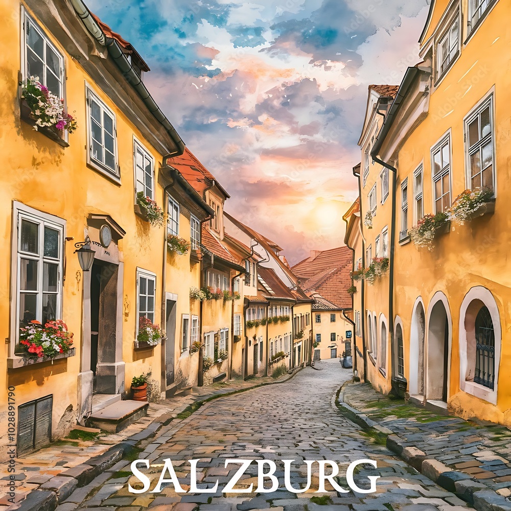 Naklejka premium Illustrated Salzburg street, watercolor