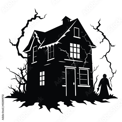 Creepy abandoned house illustration featuring broken windows, perfect for horror designs
