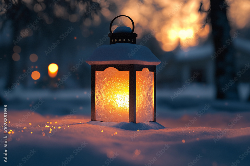 A warm lantern glowing in freshly fallen snow during winter dusk