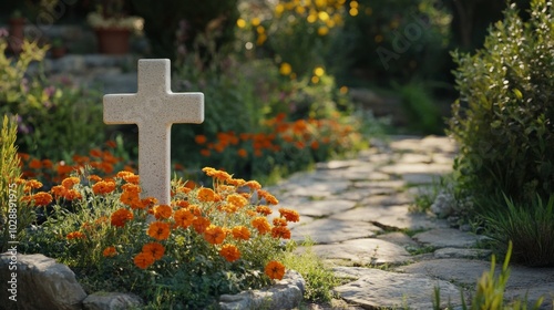 An empty scene featuring a simple memorial cross planted in a bed of bright marigolds, with a stone path leading through a peaceful garden,