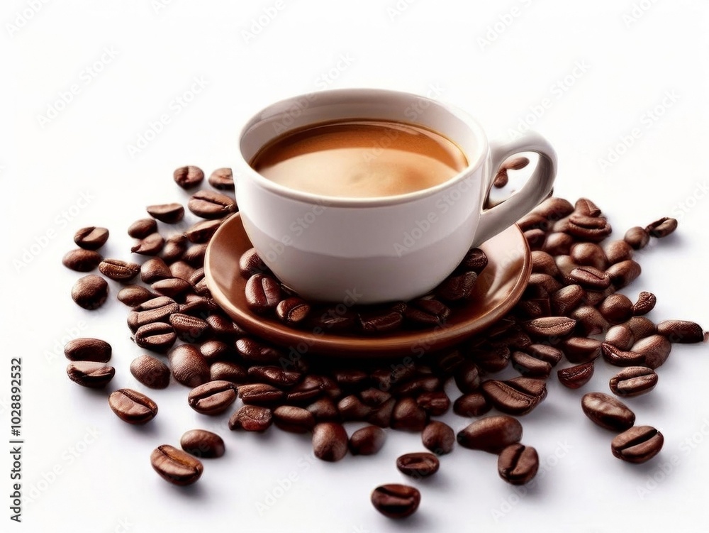 Fototapeta premium Cup of coffee on beans background, top view. AI generated.
