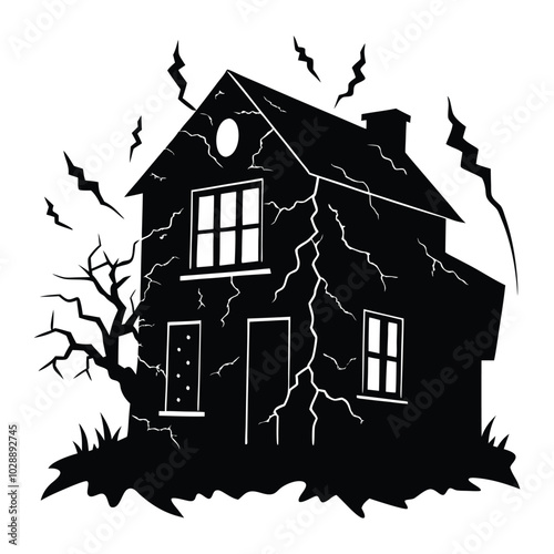 Creepy abandoned house illustration featuring broken windows, perfect for horror designs