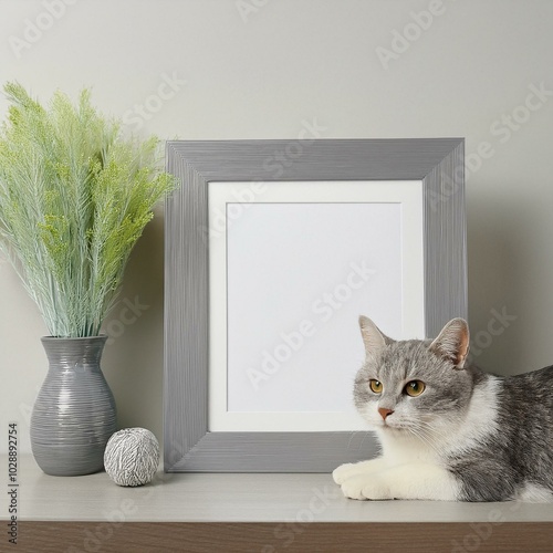 フレームの前でくつろぐ灰色と白色の猫