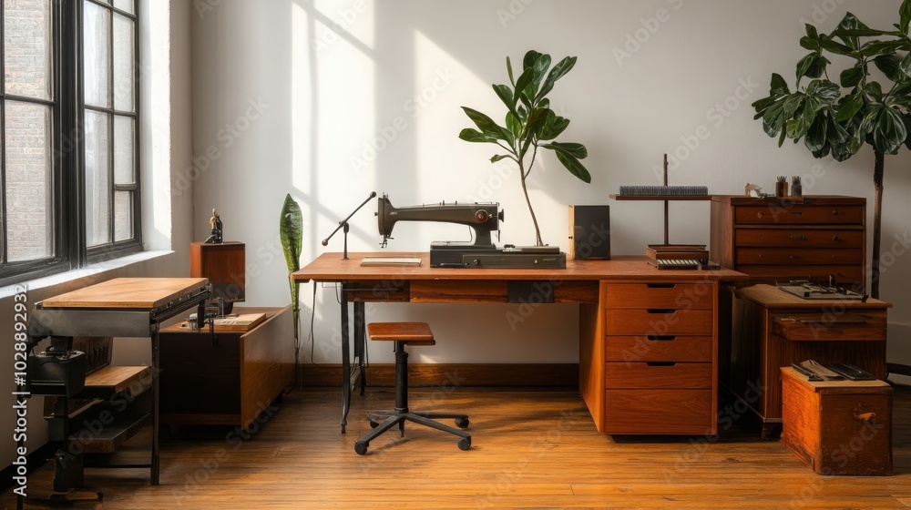 Fototapeta premium Vintage Sewing Machine in a Sunny Room with Wooden Furniture