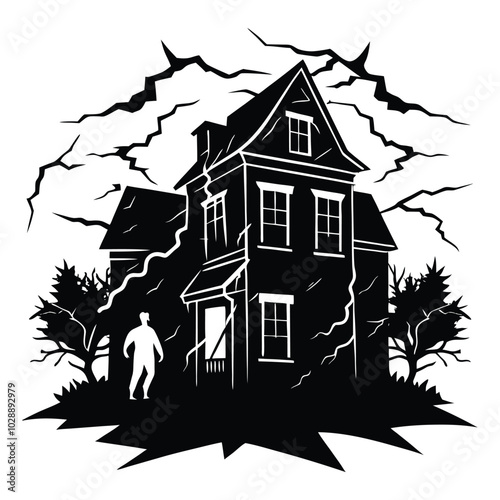 Creepy abandoned house illustration featuring broken windows, perfect for horror designs