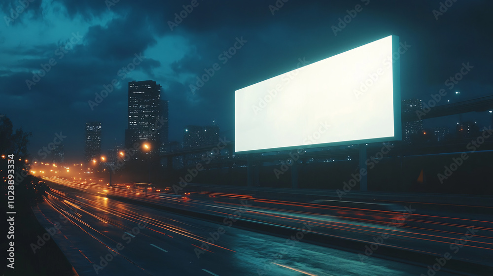 Mockup template 3D Stylized Freeway Scene with Billboard at Dusk