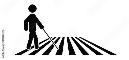 Disability symbol. Blind man sign, with guide dog and walking stick. Blind people with cane icon. Pedestrian icon. White stick day pictogram. White cane safety day, celebration on 15 October.