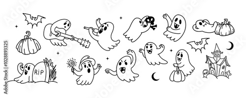 Wallpaper Mural Happy Halloween doodle ghost set. Collection of Different cute spooky boo characters for sticker pack. Happy Halloween background with outline ghost, Pumpkin, tombstone, bat, house vector illustration Torontodigital.ca