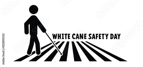 Disability symbol. Blind man sign, with guide dog and walking stick. Blind people with cane icon. Pedestrian icon. White stick day pictogram. White cane safety day, celebration on 15 October.