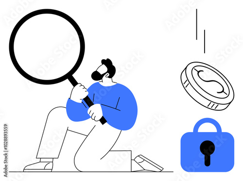 Man holding a magnifying glass, examining a coin and a lock, symbolizing scrutiny in financial security. Ideal for finance, cybersecurity, investment, analysis, research. Simple modern graphic style