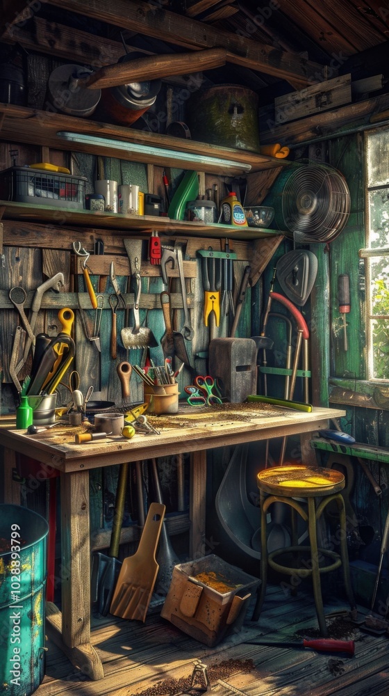 Obraz premium Garden tools in the shed, 4K hyperrealistic photo