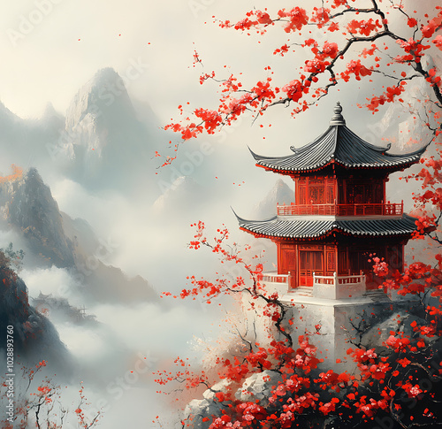 Chinese-Style Landscape Painting Featuring Pavilions and Towering Trees, Evoking the Serenity of Nature and the Elegance of Traditional Architecture.
