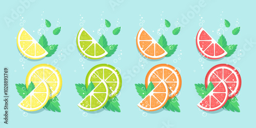 Slices of citrus fruits and mint leaves. Fresh, sparkling, cool, colorful flat vector illustration. Best for logo, print, stickers, branding design and promotion.