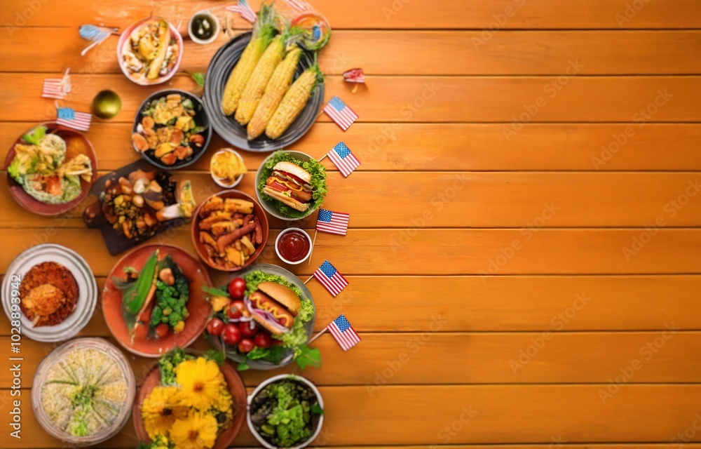 A table setting featuring a variety of food items and small American flags. A table setting featuring a variety of food items and small American flags.