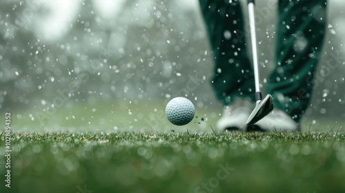 close up of golf club striking golf ball on snowy day, capturing moment of impact with snowflakes falling around. scene evokes sense of winter sports excitement
