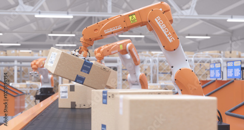 Logistics warehouse operated by robotic arms. Selection and distribution of boxes. Realistic 3D render.