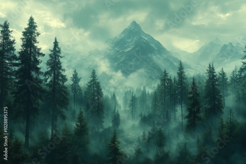 Endless trees foreground with a serene mountain top tree forest view