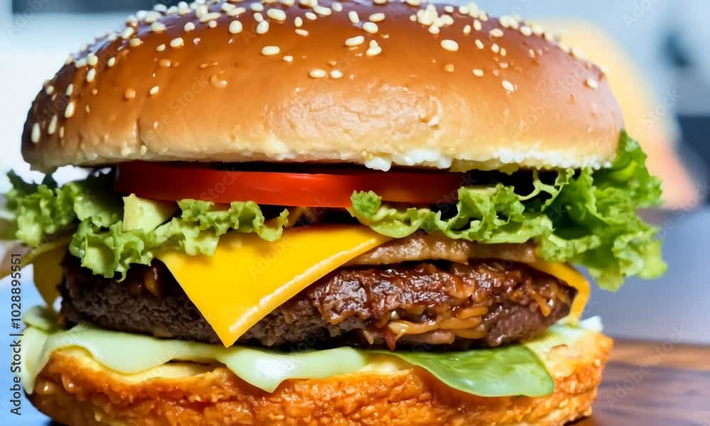 Close-up of a juicy burger with a sesame seed bun, cheese, lettuce, tomato, and a grilled beef patty, creating a delicious and appetizing image. Close-up of a juicy burger with a sesame seed bun, cheese, lettuce, tomato, and a grilled beef patty, creating a delicious and appetizing image.