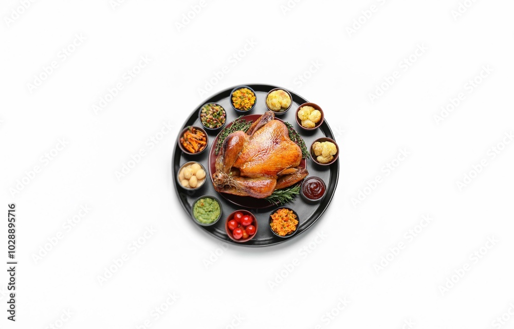 Roasted chicken, potatoes, tomatoes, and various side dishes on a black tray. Roasted chicken, potatoes, tomatoes, and various side dishes on a black tray.