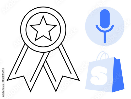 Award ribbon with star, blue microphone icon, and shopping bag symbol with S letter. Ideal for achievements, podcasts, e-commerce, branding, and vector graphics. Simple, minimal, clean style