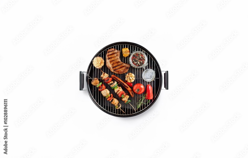 A top view of a round grill with various foods cooking, including meat, vegetables, and sausage.