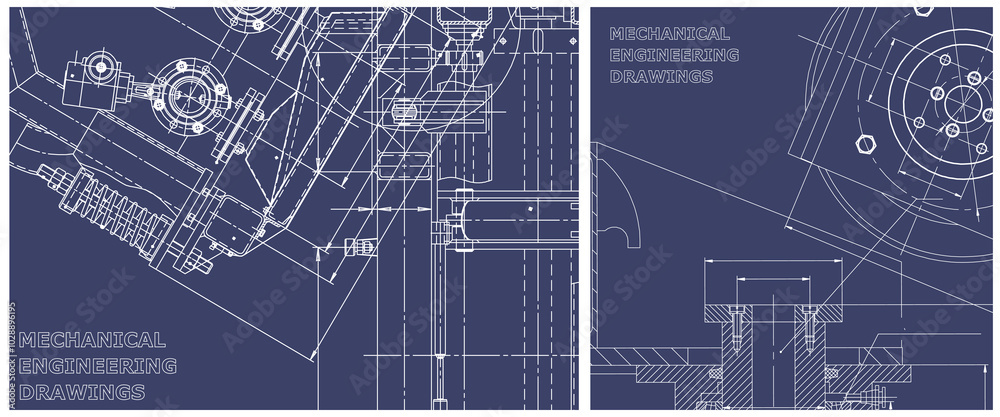Fototapeta premium Blueprint illustration set. Engine line drawing
