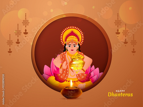 Happy Dhanteras Indian festival background design on Diwali Shopping day with illustration of lord kubera.