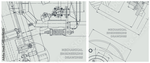 Blueprint illustration set. Engine line drawing