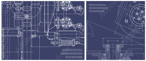 Blueprint illustration set. Engine line drawing