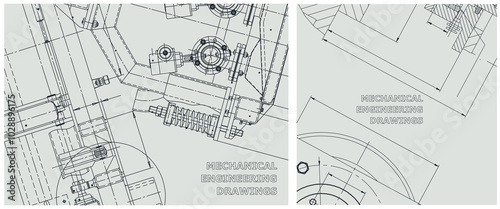 Blueprint illustration set. Engine line drawing