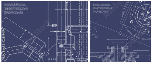 Blueprint illustration set. Engine line drawing