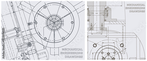 Blueprint illustration set. Engine line drawing