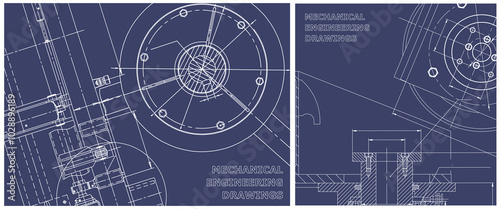 Blueprint illustration set. Engine line drawing