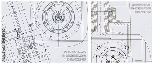 Blueprint illustration set. Engine line drawing