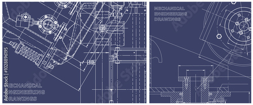 Blueprint illustration set. Engine line drawing