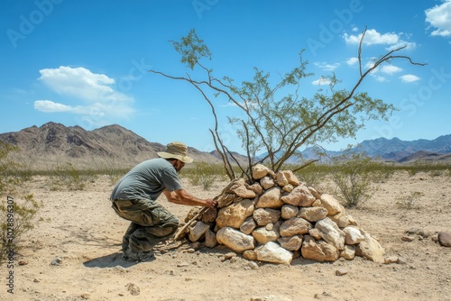 A person builds a rock structure in a desert landscape, showcasing nature's resilience against challenging environments.