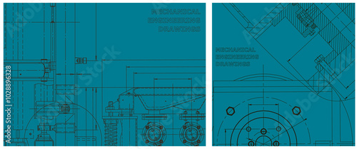 Blueprint illustration set. Engine line drawing