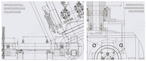 Blueprint illustration set. Engine line drawing