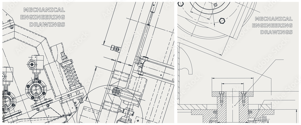 Fototapeta premium Blueprint illustration set. Engine line drawing